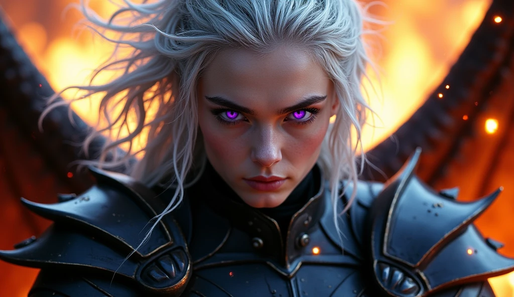 (Close-up of a better masterpiece: 1.5) 0.9], (Targaryen warrior: 1.2) (Messy silver hair: 1.1) (purple eyes: 1.2) (black dragon armor : 1.0) (A radiant glow: 1.1) (fire particle effects: 0.9)