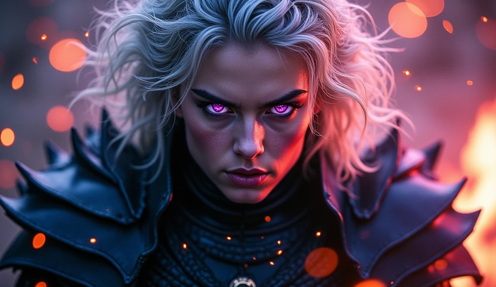 (Close-up of a better masterpiece: 1.5) 0.9], (Targaryen warrior: 1.2) (Messy silver hair: 1.1) (purple eyes: 1.2) (black dragon armor : 1.0) (A radiant glow: 1.1) (fire particle effects: 0.9)