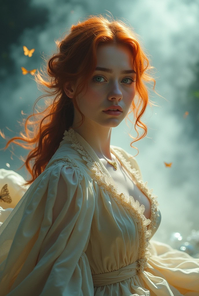 (solo, full body photo:1.3), (action packed:1.3), (haze, fog, mist:1.3), chiaroscuro, best quality, photorealistic, 1woman, (cute), (24yo:1.2), redhead, long ginger hair highly detailed, 1700'S, digital photography, art by artgerm and ruan jia and greg rutkowski surreal painting gold butterfly filigree, broken glass, (masterpiece, sidelighting, finely detailed Fashionable eyes: 1.2) (perfect oval large eyes that gazes at the viewer), beautiful detailed face, blue gorgeous perfect eyes, (blonde hair ponytail), (attractive young woman:1.3), (thick amazing hair), (seductive:1.1), (blushing:1.1)