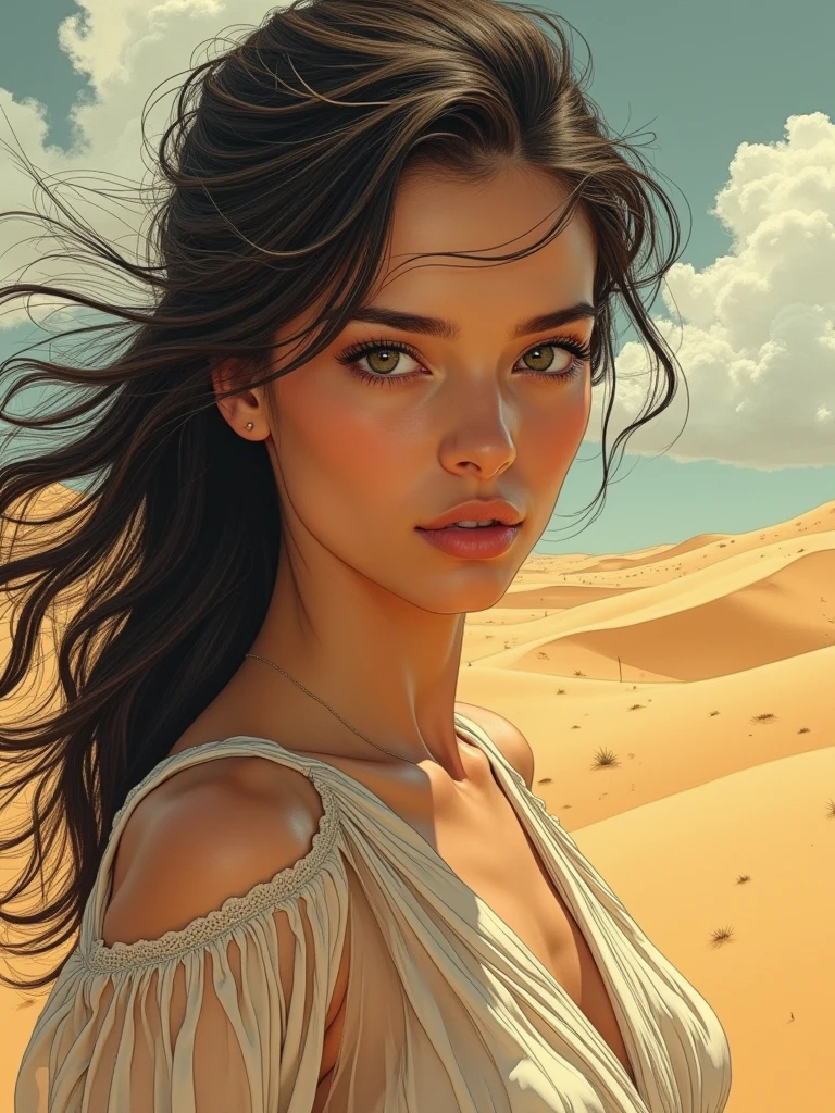 “A gorgeous woman, Melancholy eyes, Walking in the desert, with a close-up face, in the style of surrealist manga, moosa al halyan, seaside vistas chris ware, black and white yuki katsura.”