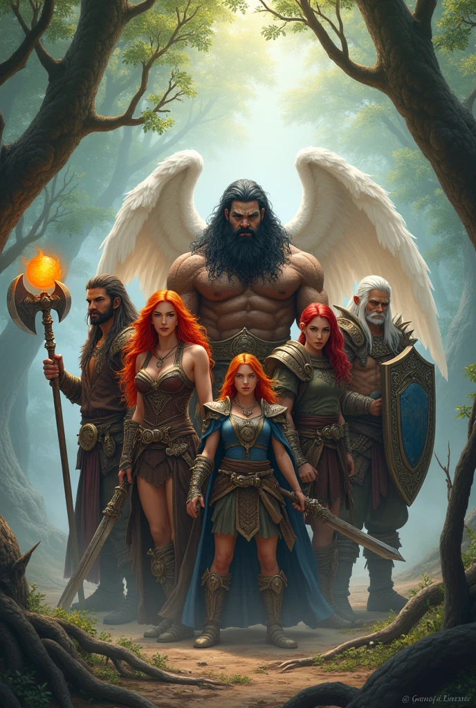 A group of six members, including;
A dwarf, red-haired and wielding an axe..
A female sorceress with brown hair carrying a staff with an orange orb.
A strong, tall man with triton features, black hair and beard, wielding a long sword.
A girl with red hair and claws wearing wild clothes.
A bald man with a black beard and draconic features wielding a sword and shield.
A male elf with angelic wings and white hair.