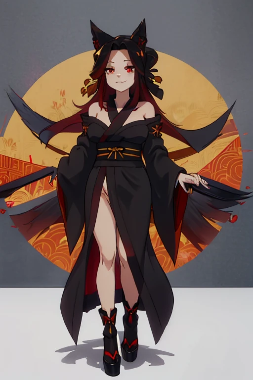 female, black long messy hair, red eyes, black fox ears, nine black fox tails, (((1girl))), (((black kimono with red and gold trim))), (red sash), (black knee high toeless socks), (red sandals), cute and sexy, full body, large breasts, long legs, smiling, shoulders exposed