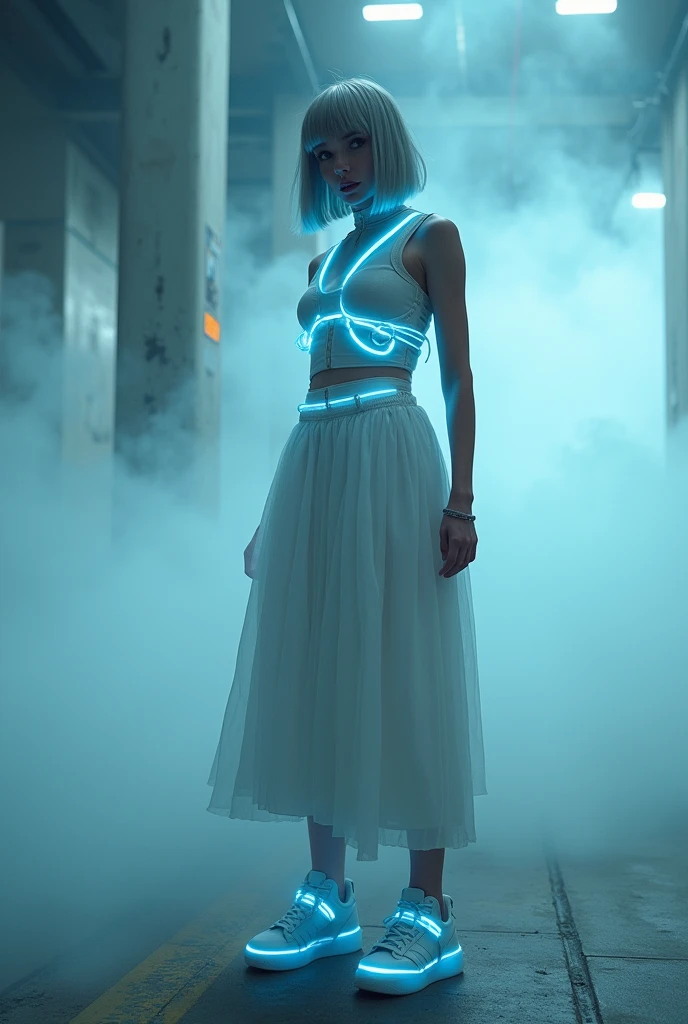 masterpiece, Best Quality, Realistic, In the dimly lit colony shrouded in white mist, she stands as a solitary sexy gravure fashion model. She is dressed in a cyber-themed outfit centered around the color white. She wears a high-neck, sleeveless top paired with a maxi layered balloon forum skirt. balloon skirt, Neon-lit harnesses are connected to her outfit, creating a futuristic atmosphere. With her silver hair and blue glowing eyes, she completes her look with high-cut sneakers accented with neon. Captured from a side angle, she sits and gazes ahead with a somewhat melancholic expression, hyper small head and face, wide Duck mouth, half open mouth, perfectly aligned teeth, perfect beautiful teeth, half open eyes, Droopy eyes, gray hair, looking other, She is situated within the interior of a futuristic colony, with mist drifting and steam rising from concrete