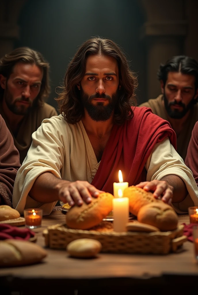 Jesus Christ was created dying with brown eyes,in the midst of the supper