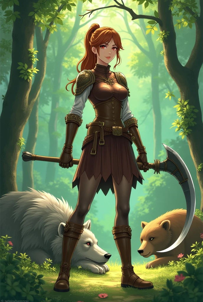 Anime, femme adulte, cheveuAnime, femme adulte, cheveux chatains queue de cheval, armure de cuir, mini-jupe en cuir et bottes de cuir marrons, faucille en main, décor forêt, lance un sord de magie druidique, loup gris près d'ellex chatains queue de cheval, armure de cuir, jupe en cuir et bottes de cuir marrons, bâton en main, décor forêt, aura de magie verte autour d'elle et du bâton, nsfw, sexy, large poitrine, posture suggestive, érotique
