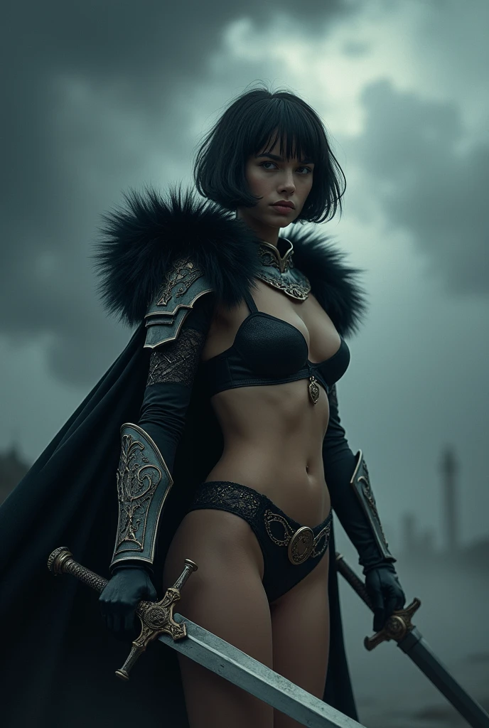 (masterpiece:1.4),(Best Quality:1.4), (mercedes_Dd),1 girl,Alone,short hair, layer, armor, black fur, battle pose, holding the sword, nude, lingerie
