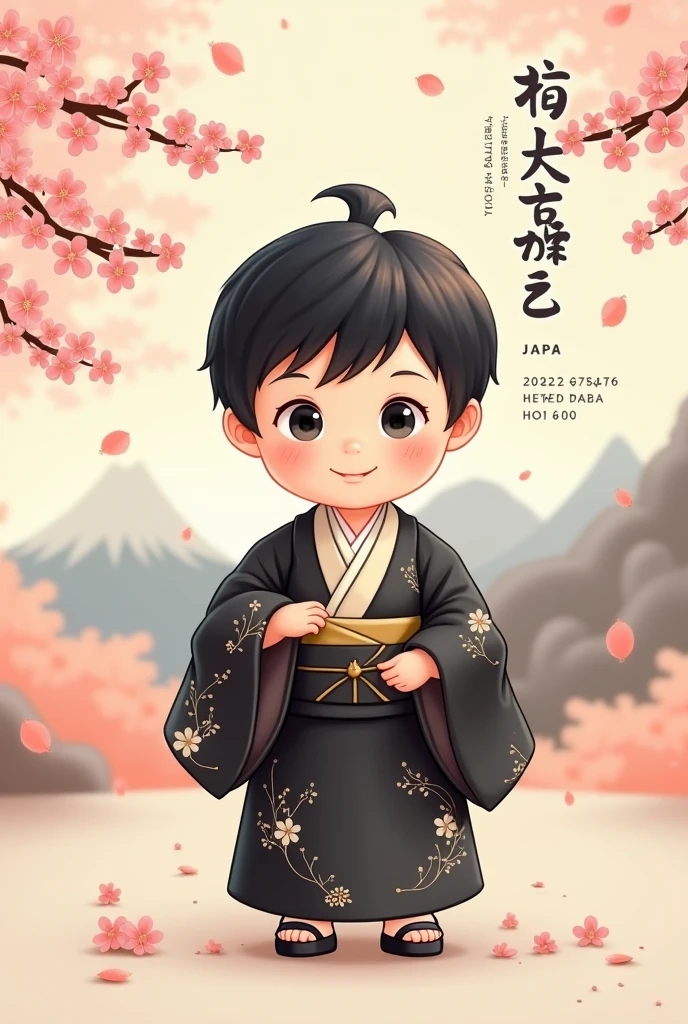 Create a baby boy 1st birthday invitation image, whose theme is about Japan, put things that refer to Japan. In the invitation, create a drawing of a Japanese baby boy with straight black hair wearing a beautiful black and beige Kimono, put him wearing a little black shoe. Put a nice phrase about celebrating his first year of life, Local and data of the celebration
