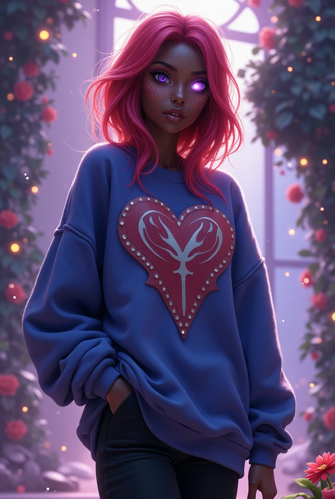 A dark-skinned adult with vitiligo, Waifu body dressed in a Kingdom Hearts sweatshirt, legging preta, with one purple eye and one white eye, Two-toned hair, red and white