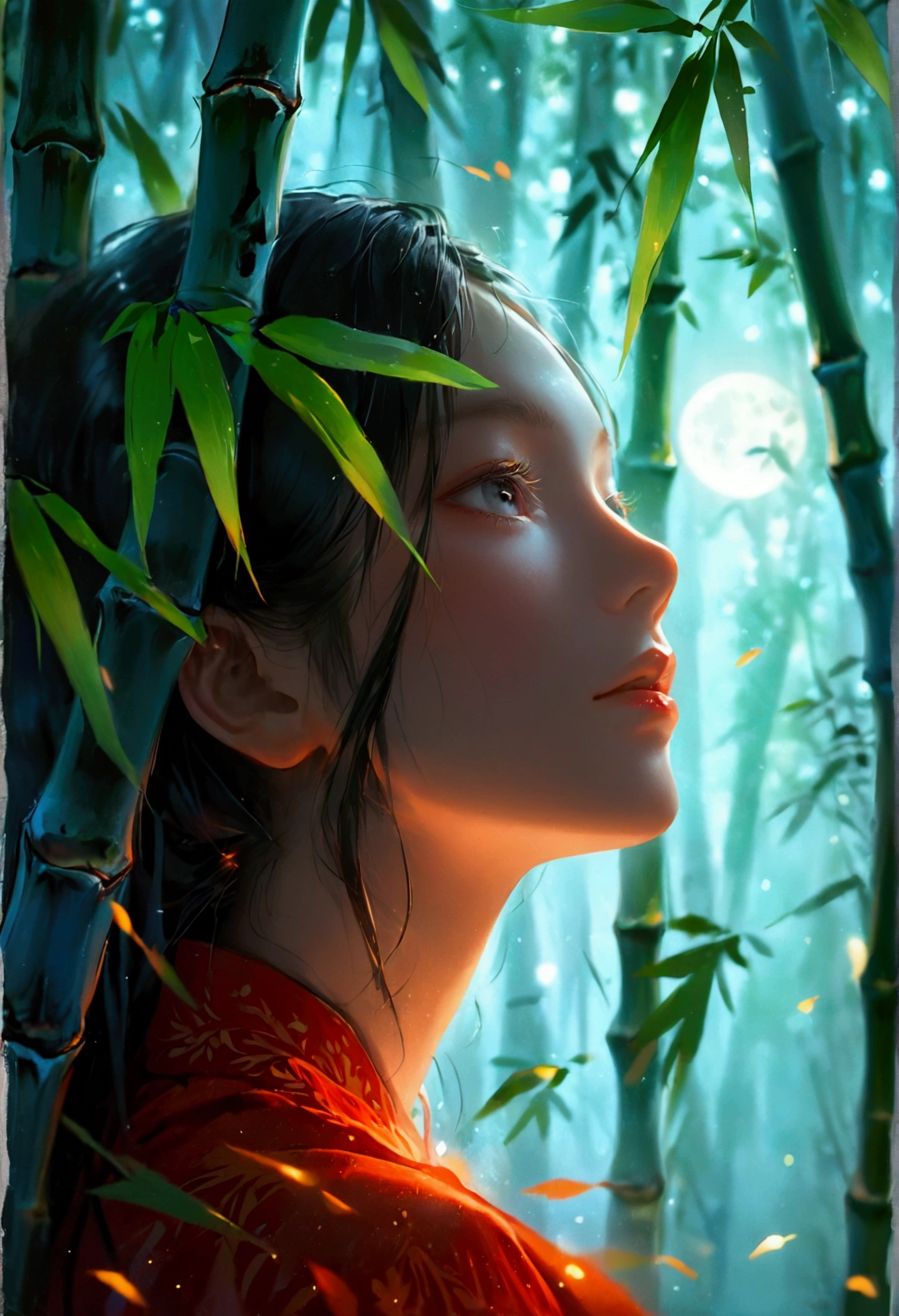 A bamboo forest shrouded in night mist, illuminated by the soft moonlight, A Close-up of a female spirit gazing towards us from the shadow of a bamboo forest