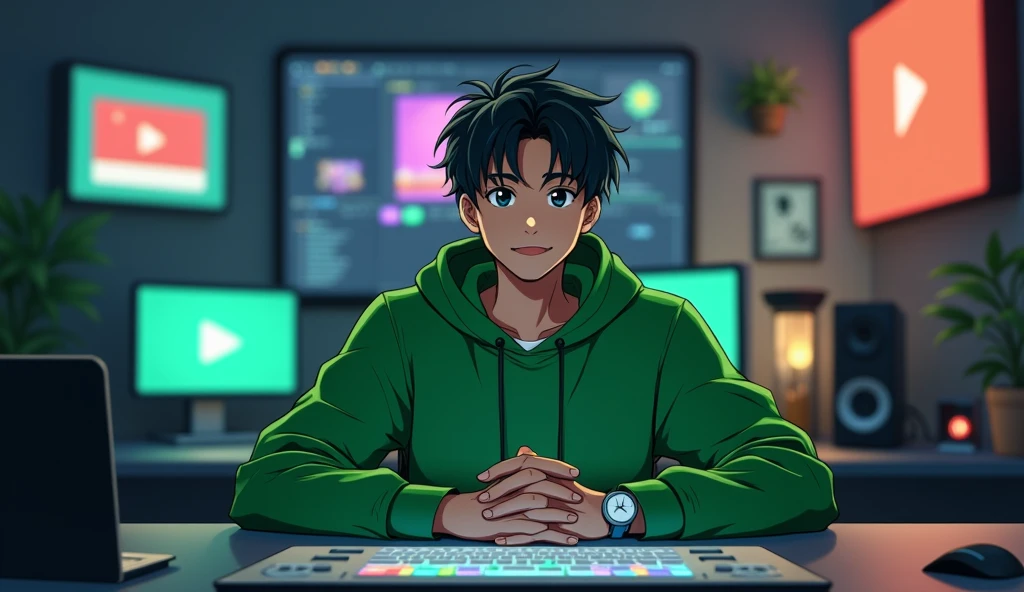 Create a semi-realistic anime-style image of a young male character, aged 18 to 22, dressed in green clothing. He should be sitting in a modern editing studio, facing forward with a slight, confident smile, making direct eye contact with the viewer. The character should appear as a relatable and approachable YouTube video creator, surrounded by YouTube-related elements in the background, like play buttons or channel icons, along with various editing tools such as a computer, keyboard, and graphic tablet. The studio should have a dark theme with subtle, matching lighting that enhances the green of his clothing and adds depth to the scene. The character should have a realistic yet anime-inspired look, suitable for being the face of a YouTube channel."