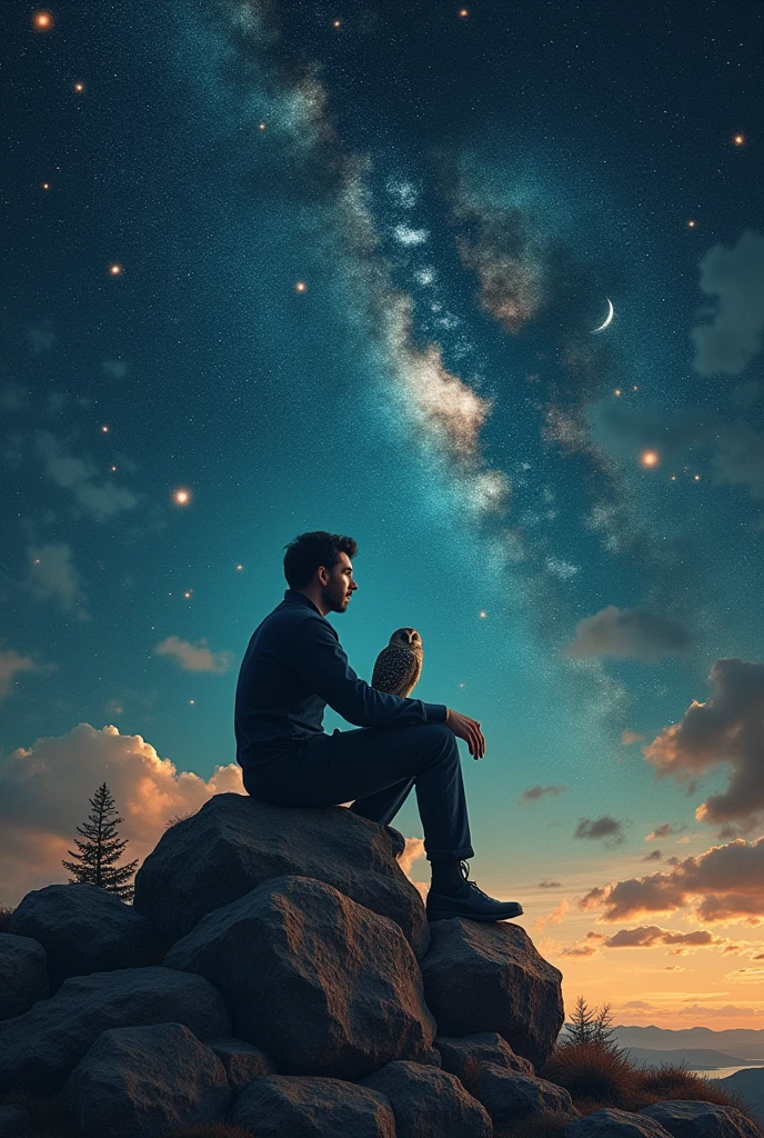 Concept for Poster:
1. **Title:**
- At the top, "A Philosopher's Journey"
2. **Background:**
- A blend of soft earth tones for the ground and deep blues and blacks for the sky filled with stars.
3. **Imagery:**
- A silhouette of a philosopher (perhaps sitting on a rock) looking up at the stars, symbolizing wonder.
- Around the philosopher, include symbols like:
- Question marks to represent doubt.
- Books or scrolls to signify experience.
- A light bulb or an owl for wisdom.
4. **Quotes:**
- Consider adding quotes from famous philosophers that resonate with the themes of wonder, doubt, experience, and wisdom. Here are a few examples:
- "The unexamined life is not worth living." - Socrates
- "Doubt is the origin of wisdom." - René Descartes
- "Wisdom begins in wonder." - Socrates
5. **Color Palette:**
- Use soft and calming colors mixed with vibrant highlights to draw attention to key elements.
