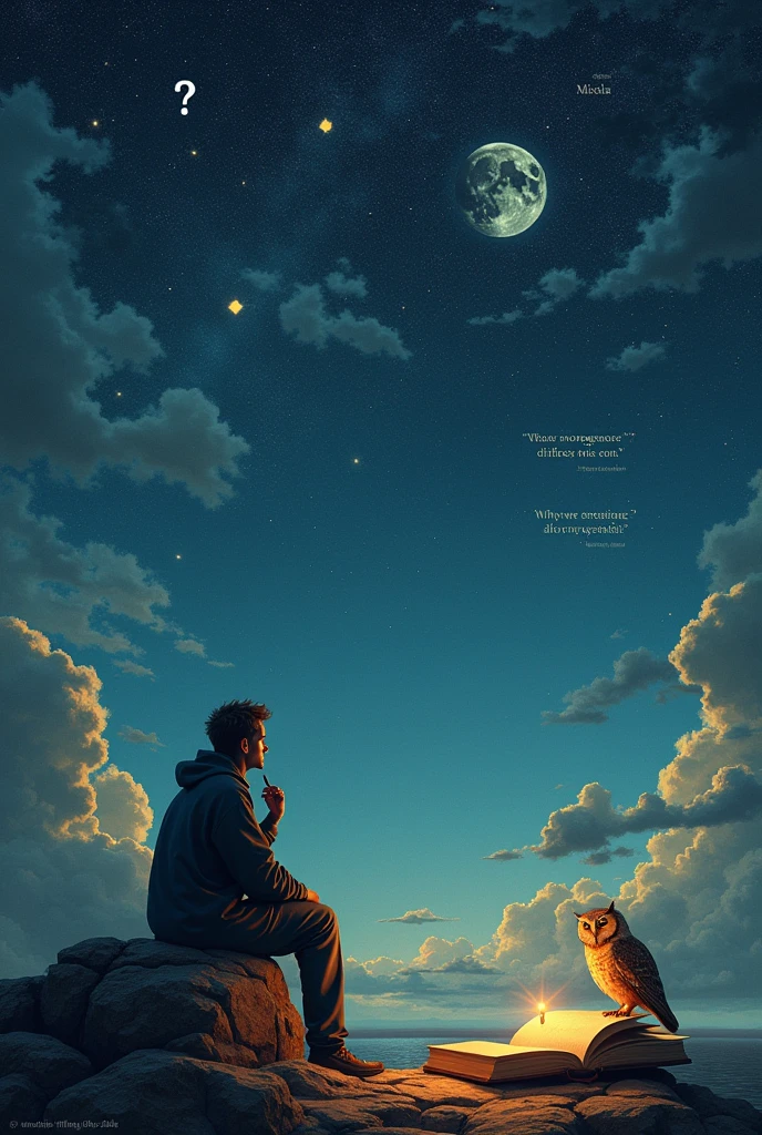 Concept for Poster:
1. **Title:**
- At the top, "A Philosopher's Journey"
2. **Background:**
- A blend of soft earth tones for the ground and deep blues and blacks for the sky filled with stars.
3. **Imagery:**
- A silhouette of a philosopher (perhaps sitting on a rock) looking up at the stars, symbolizing wonder.
- Around the philosopher, include symbols like:
- Question marks to represent doubt.
- Books or scrolls to signify experience.
- A light bulb or an owl for wisdom.
4. **Quotes:**
- Consider adding quotes from famous philosophers that resonate with the themes of wonder, doubt, experience, and wisdom. Here are a few examples:
- "The unexamined life is not worth living." - Socrates
- "Doubt is the origin of wisdom." - René Descartes
- "Wisdom begins in wonder." - Socrates
5. **Color Palette:**
- Use soft and calming colors mixed with vibrant highlights to draw attention to key elements.