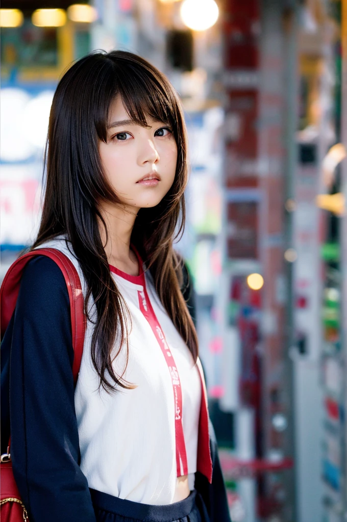 school girl, 1girl, (looking at viewer), (bokeh:1.1), parted lips,expressionless, realistic, uniform,
realistic,