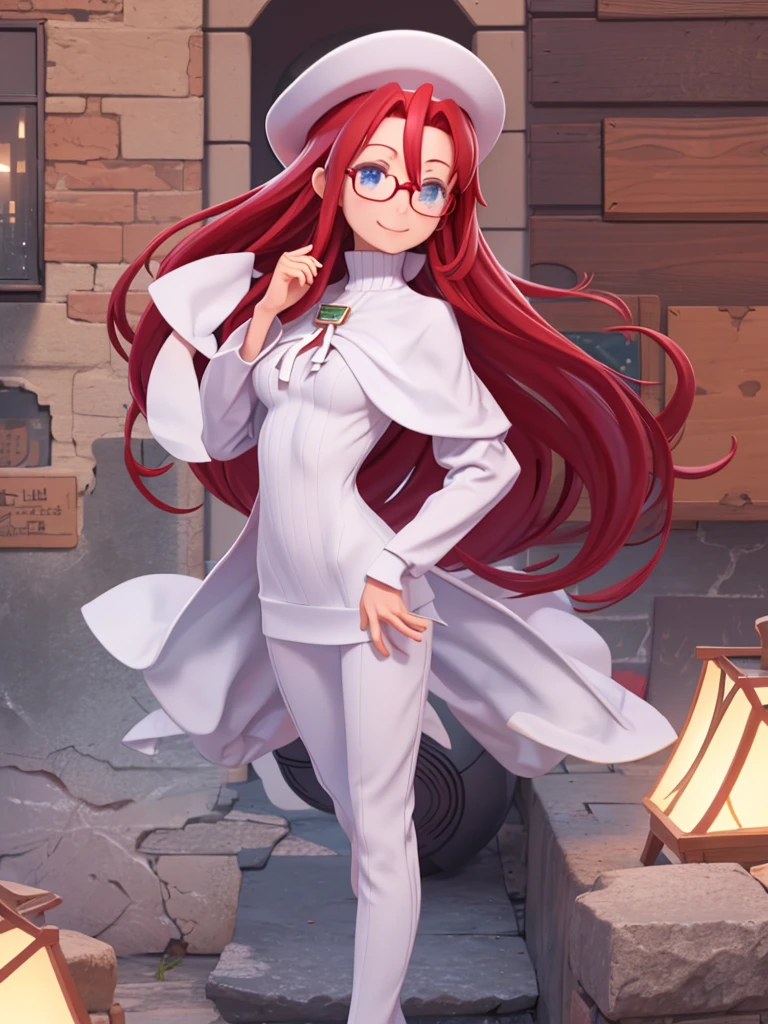 One Woman、3DCG、Red Hair、Hair between the eyes、long hair、Blue Eyes、Turtleneck sweater、Red clothes、Glasses、White Beret、White Cape、Smiling、