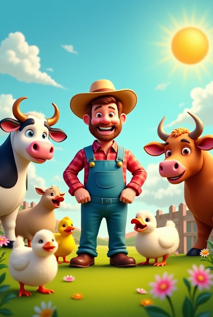 Create a large image i want to maje it like one of those cutouts where the face is missing and someone can take a pic with their face in it the theme is funny farm animals the farmers face should have enough space to put a face more animals crowd the farmer in a selfie way make it funny cow chicken duck goat lamb bull all young cute version cudling the farmer atleast ten animal yes this image but whats the yellow thing on the grass fuck remive or correct it