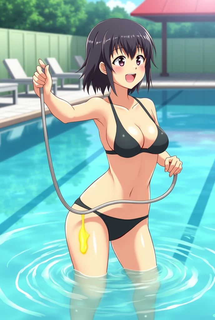 Anime, girl, girl in a swimsuit, girl in a swimsuit with a tube that is inserted into a swimsuit, pees, pees herself, pees with yellow urine, pees into a tube that is inserted into a swimsuit, yellow urine flows from a tube that is inserted into a swimsuit, urine flows into the pool, bright yellow urine dissolves in the pool