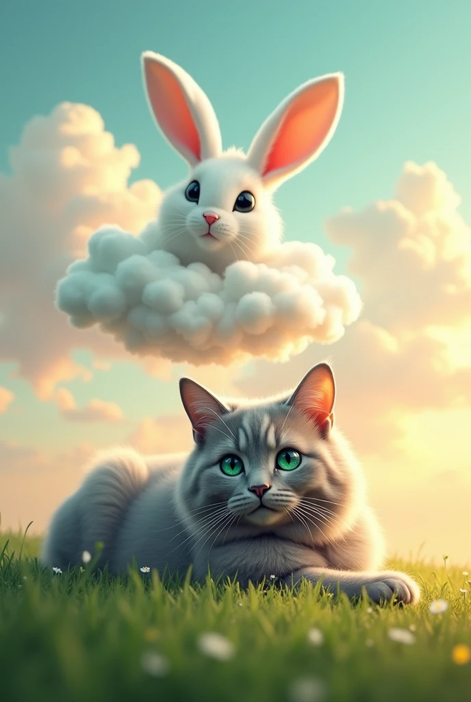 Make a gray cat with eyes lying down and the rabbit looking at him through the sky 