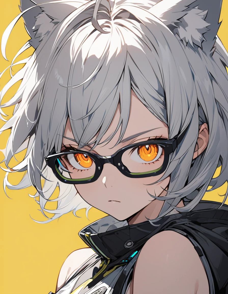 (masterpiece)、(absurdres)、(ultra detailed)、(8k),Anime illustration,BREAK,(yellow simple background:1.5),BREAK,(Cyberpunk Glasses),potrait shot,dropy eyes,Expressionless:0.9、from top,(solo lady),(silver cat ears:1.1),(silver hair),(shortcut hair:1.1),(messy hair:0.7),(Ahoge:0.9),(middle breast:0.9),BREAK,(orange eyes),BREAK,