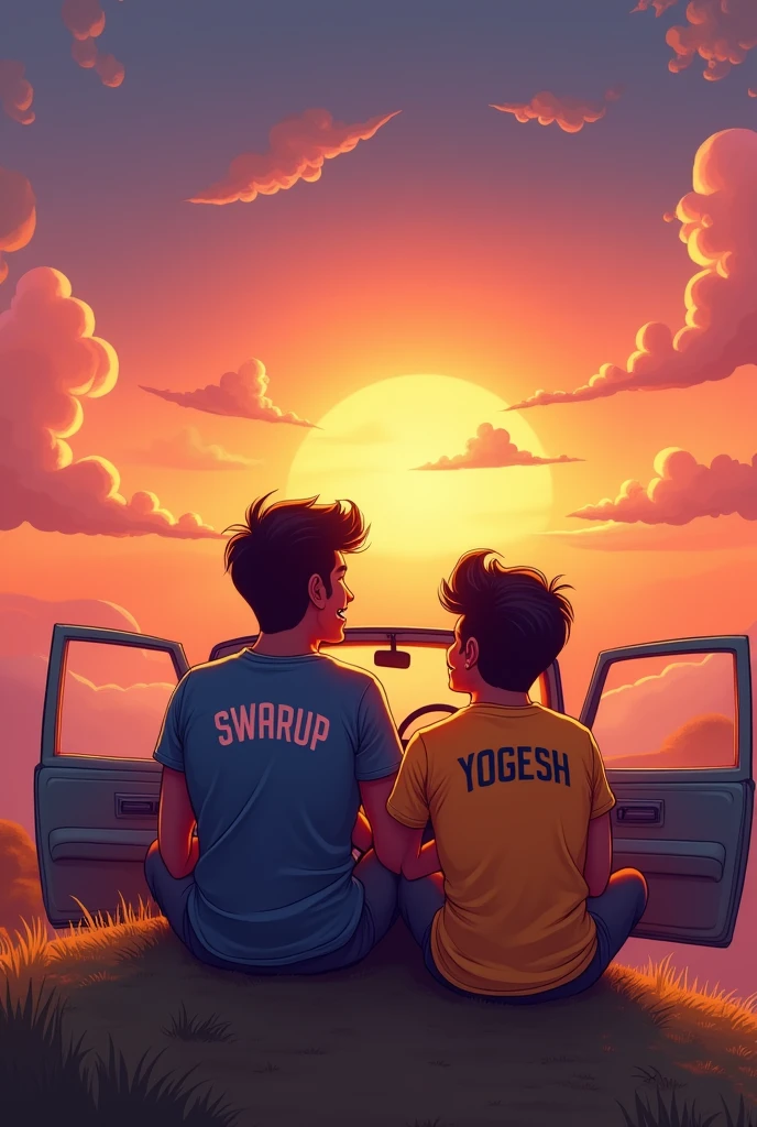 2 friends siting on the heel, car is front enjoying the view of sunset, one boy name "swarup" written on the shirt and another boy name "YOGESH" written on the t shirt 2d cartoon behind the cartoon best friend