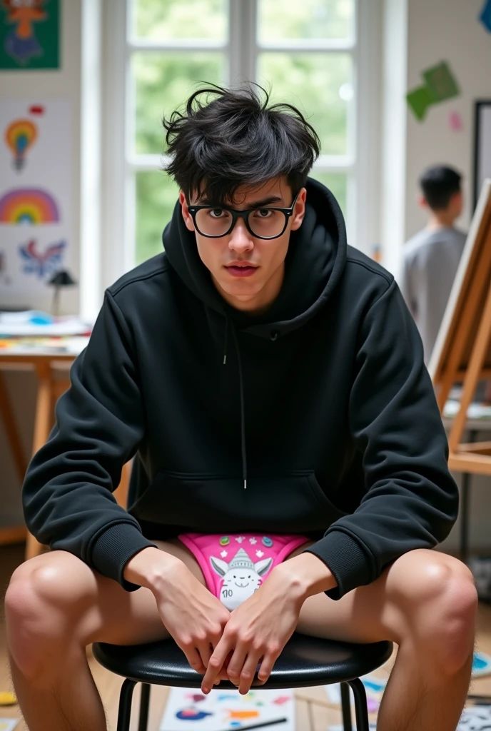 Picture of universitary guy sitting in the chair, with a visible diaper.... guy is angry. Guy is Drawing a cute draw on a sheet with crayons. Looking at the camera. The diaper is: thin side elastic and girly pink color, the middle part of the diaper is white with colorful unicorns and star prints. Guy has black hair. Guy has wearing a black hoodie, nerd glases.