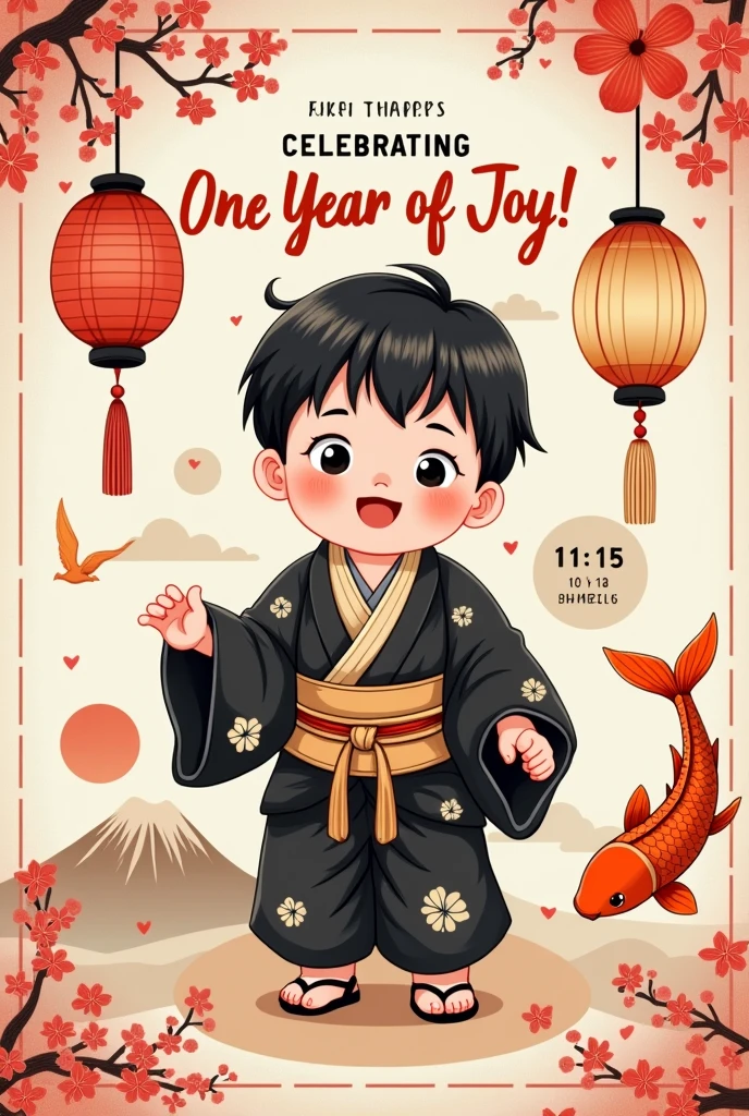 Create a 1st birthday invitation image, whose theme is about Japan, put things that refer to Japan. In the invitation, Draw a picture of a Japanese baby witack, straight hair wearing a beautiful black and beige Kimono., put him wearing a little black shoe. Put a nice phrase about celebrating his first year of life, Local and data of the celebration