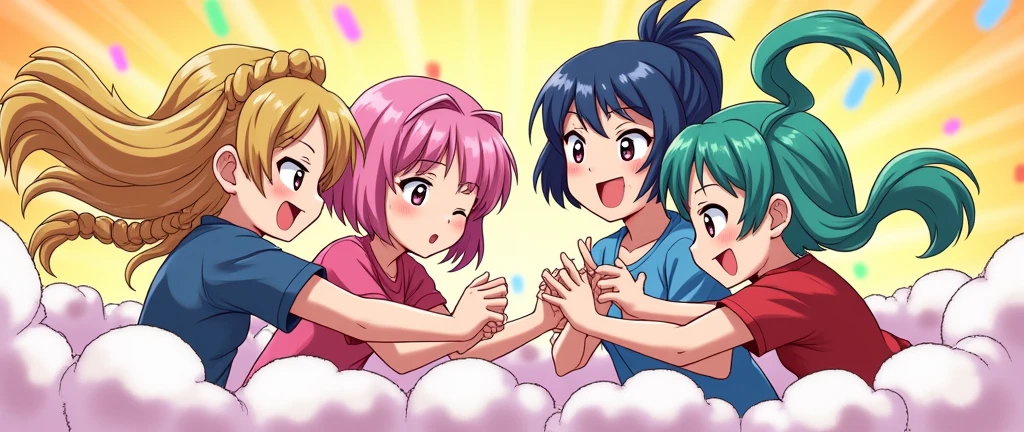 An anime-style illustration depicting four girls and adult woman playfully wrestling with each other inside a comical fight cloud.
each girl has different colored hair: one with blonde braided,another with pink ponytaile,and one with blue bobcuts,and one with green twin tailes and one adult woman with black long hiar.
their faces,hands,and feet are visible emerging from the cloud as they tussle humorously, with the rest of their bodies completely hidden inside the cloud.
the illustration emphasizes the humorous and energetic nature of their scuffle,with a fluffy andexaggerated fight cloud.