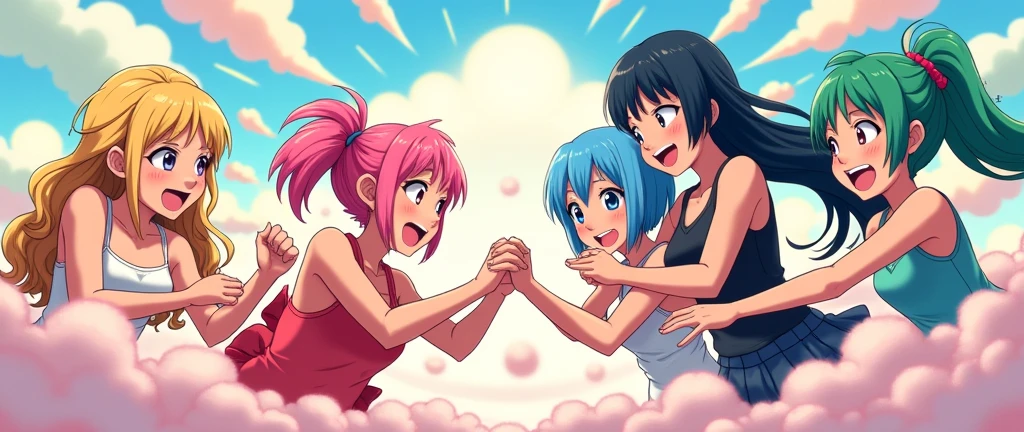 Pink Hair、Five elementary school girls、School Swimsuit、Blushing、smile