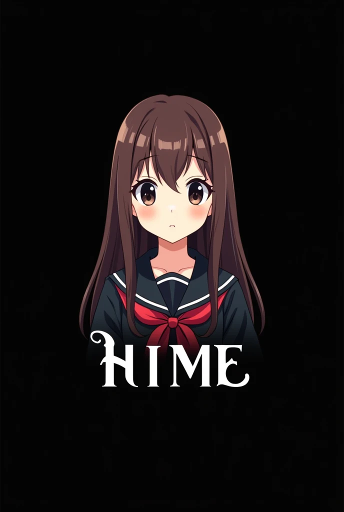 logo for "Hime" , black background , white stylised font , asian anime girl , brown hair , long and straight hair , middle part hair style , black eye , bambi eye shape , wears japanese school uniform