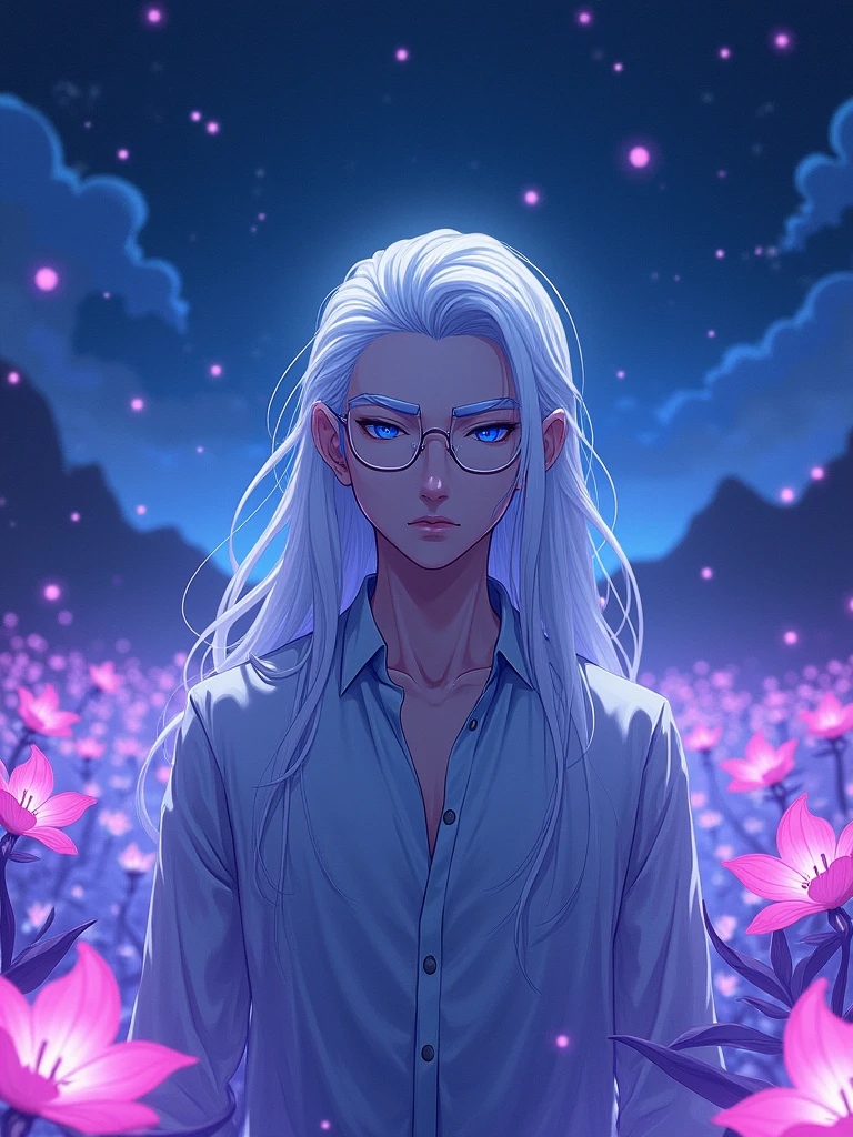Satoru Gojo, wearing his glasses, fantasy night vision, white hair, white eyelashes, white eyebrows