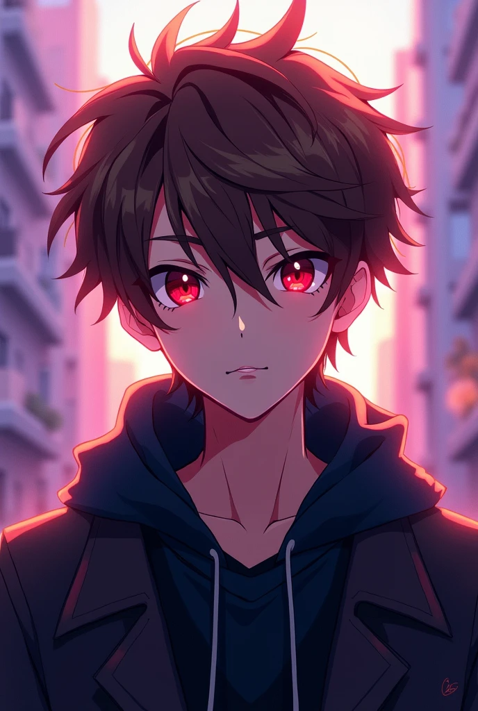 A 2d logo anime boy having brown hair and red eyes and simple black jacket looking left straight to camera having perple blurred buildings 
