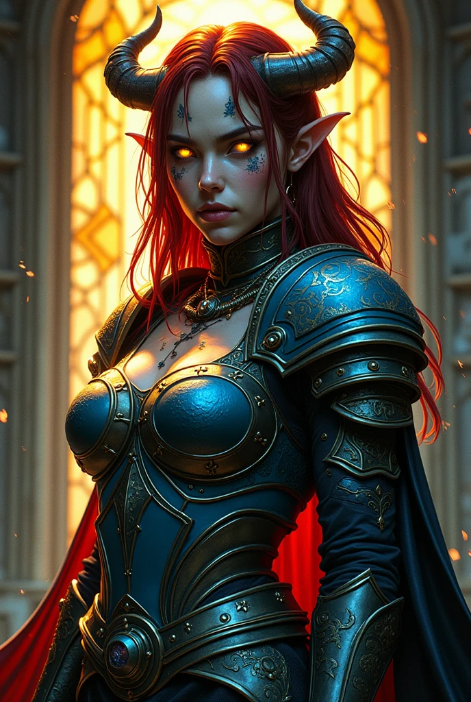 stained glass, from above, between breasts, KarlachBG3,demon girl,tiefling,colored skin,slit pupils,Yellow eyes,tattoo,scars,armor,