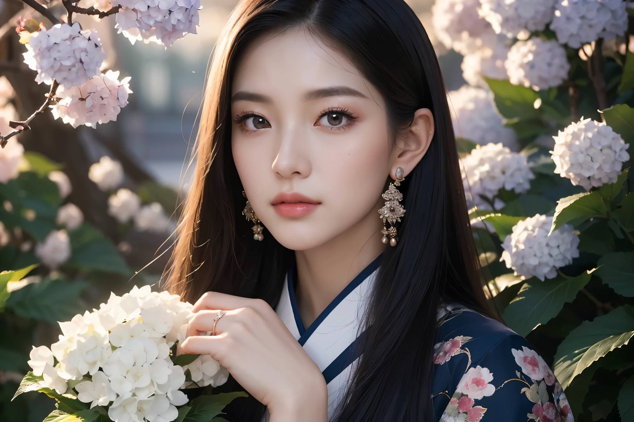((best quality)), ((masterpiece)), (detailed), perfect face, ((Best quality, 8k, Masterpiece: 1.3)), Sharp focus, Highly detailed face and skin texture, Detailed eyes, detailed fingers, traditional Chinese costume, royalty, empress, luxury, navy hair, straight hair, cowboy shot, Hydrangea flower, shooting stars in the background, at night