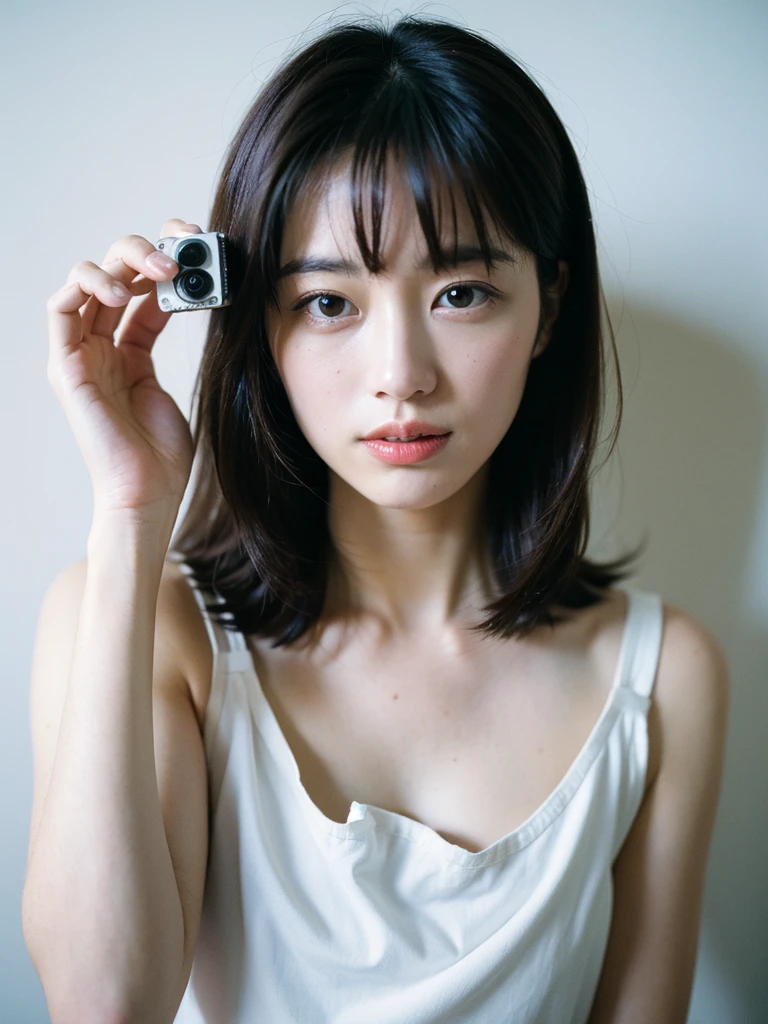 ((最high quality、8K、masterpiece、Portrait:1.3)), follistic, disposable camera, 35mm film, high quality, a woman's voice, Japanese, middle-aged women, beautiful woman, Huge , 50 years old, plump body, wavy hair, wrinkles around the eyeessy room、apartment kitchen、Lace pattern bra、Lace pattern pants、barefoot、hands on the table、wedding ring、belly button、rat trail section、cleavage、put your hand on your chest、close the chest,erect nipples、