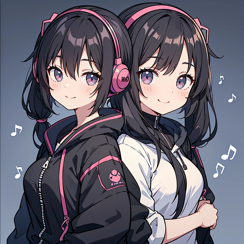 masterpiece,Anime Style,Little,,Black Hair,Shoulder-length hair tied in two pigtails,Black jacket,With headphones,Lo-fi Background,smile,Big Breasts,listen to music,Waiting on the right side of the picture,
