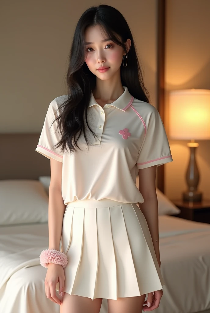 (Absurd:1.3), (High resolution:1.3), (Super detailed:1.3),(One person:1.3), (Very detailed CG ユニティ 8k 壁紙:1.3), (Detailed skin texture, Detailed cloth texture, Detailed hair texture), (Beautifully detailed face, Supermodel, Pale skin, Realistic glistening skin), (RAW Photos, Highest quality), (Realistic, photo-Realistic:1.4), masterpiece, Very delicate and beautiful,wonderful, In detail, Very detailed CG ユニティ 8k 壁紙, Large file size, Very detailed, High resolution, Absurd, Soft Light,Rim Light, Vivid details, Hotel Rooms, Straight hair, Large Breasts, Black hair color, Big Natural Color Lip, (Perfect figure), Beautiful feet, break (White Theme:1.4), (Tucked-out short-sleeve white polo shirt:1.4), (Pink lines on the outline of the top:1.3), (Pure White Pleated Mini Skirt:1.3), (The hem of the top covers the top half of the skirt:1.3), (Pink fluffy scrunchie on your wrist:1.3), (White and pink sports shoes:1.2), Crying a little、A small smile, Harajuku Style、20-year-old girl、Cute type、Hata、Are standing