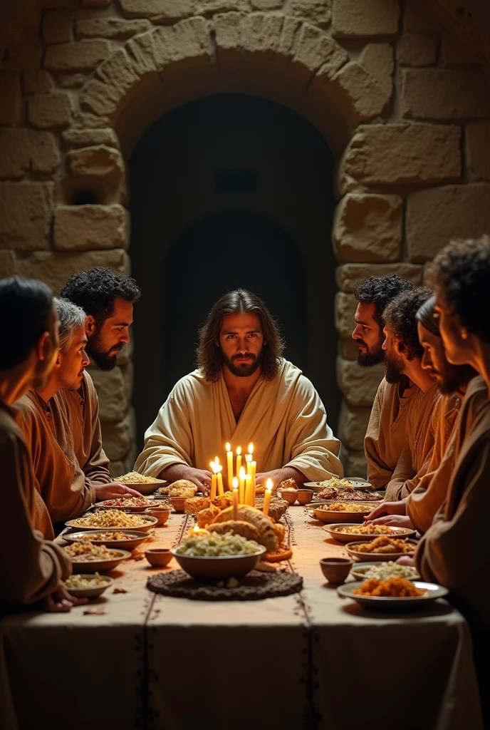 Create Jesus Christ Moreno with brown eyes,in the midst of the supper 