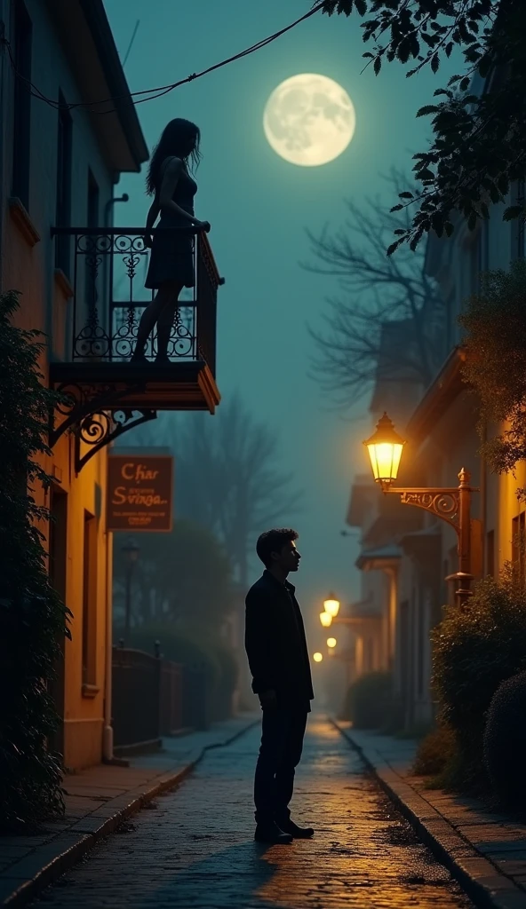 "It's night time with darkness surrounding a quiet street. A woman stands on the balcony of a house, her hands raised as if she is calling out to a young man who is standing on the road below. The young man looks up at her, his expression filled with longing. Street lamps cast a soft, cozy light that gently illuminates the scene. The atmosphere is calm yet emotional, with a sense of yearning between the two. The background is dark, and the overall color palette consists of muted tones that emphasize the night and the intimate connection between the characters."