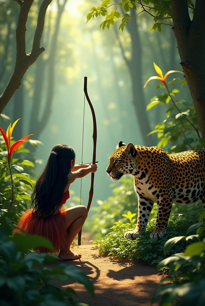 Indigenous girl with black hair, Female car, crouching, facing forward, shooting an arrow, near a jaguar facing me