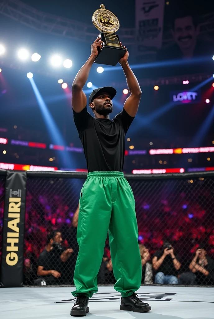 In the UFC ring, a rapper in a black shirt, green long pants and black sneakers and black cap .He is dark-skinned, has a mustache and has a silver collar that says MVP. he is raising the champion trophy in the ring it is written " BDA 10 years" which is the name of the competition he won 