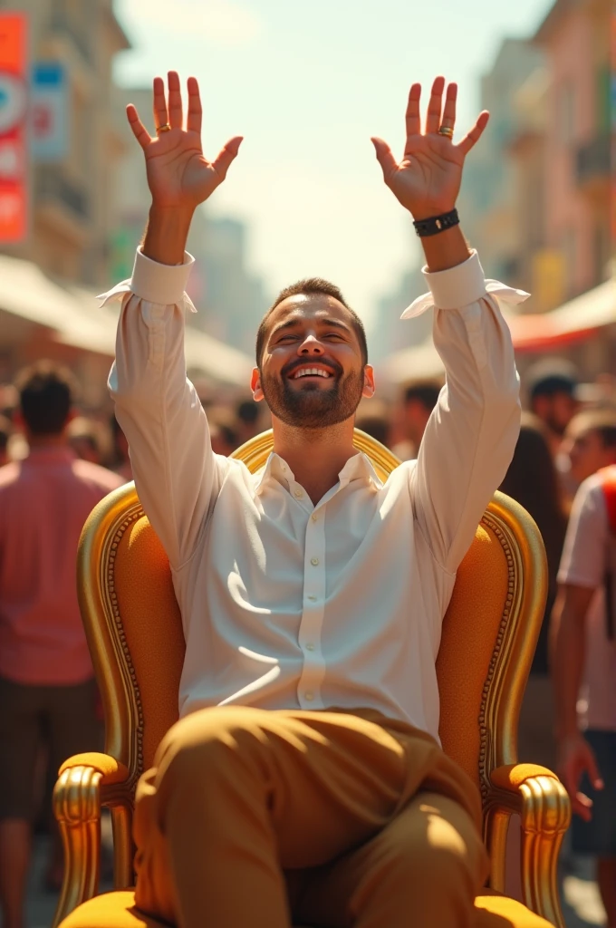 30 years old man sitting in gold chair and wearing white with full hand in sky world in the middle of the crowd people's 3D,4k, realistic