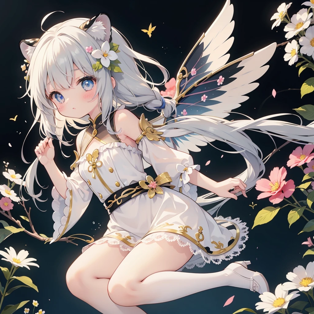 Fantasy、cute白虎の赤ちゃんを抱きかかえる人間の美少女、Highest quality、Masterpiece、Dynamic composition、The background is a black and white tiger pattern、cute、
flowerwings
