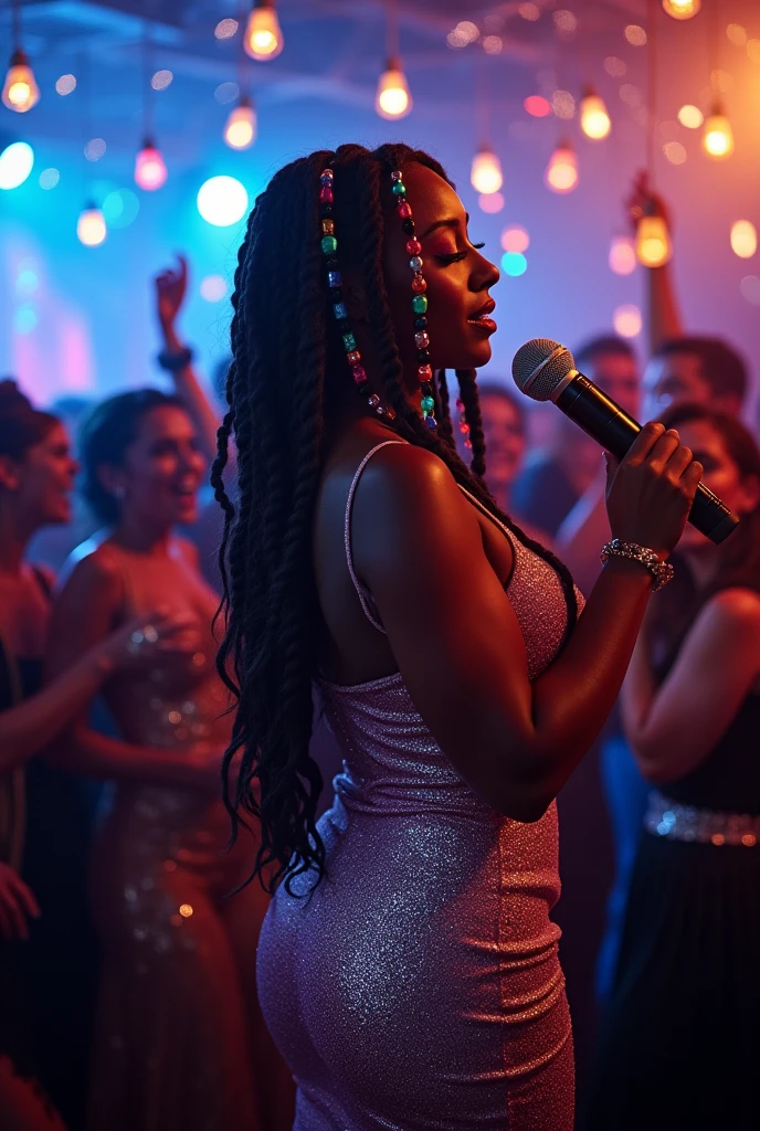 A foreign female soul singer performing passionately at a party.