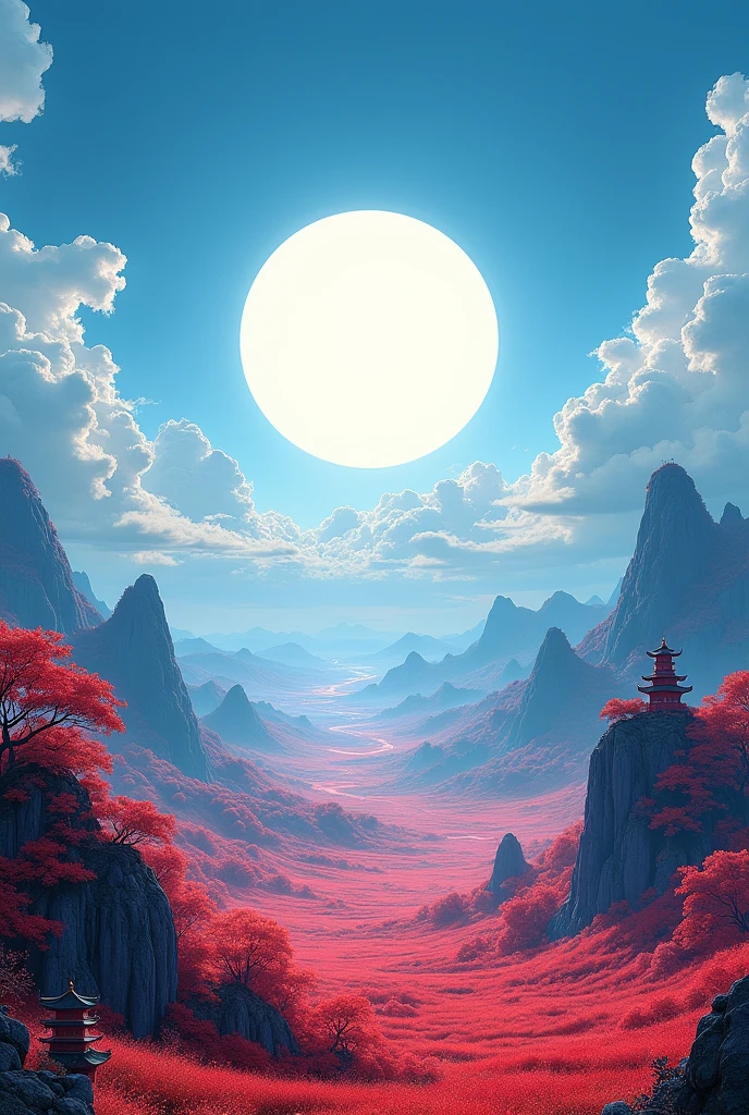 The blue sky and white sun, with red all over the land, hang throughout all of China.
