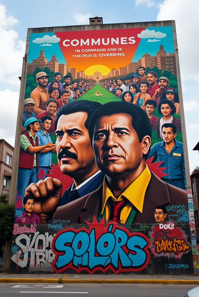 Chávez and Maduro, and behind it says 'Communes in command and the people governing'