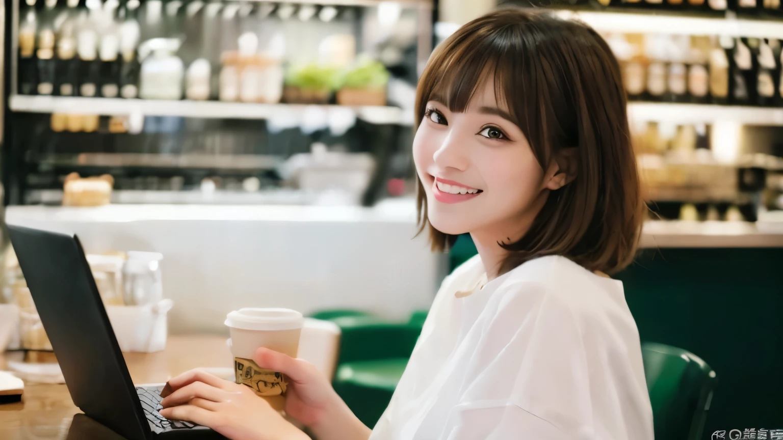 ((最high quality, 8k, masterpiece: 1.3)), perfect face,Inside a chic cafe in New York、A scene in which a beautiful model-like woman with big breasts is drinking a latte and studying on a laptop.,Everything around you, You can see other customers enjoying themselves...。Behind the cafe、The staff are busy working at the counter.、Feel the vibrancy and warmth of the city cafe.., sharp focus, 1 girl, Sexy 1.2, brown hair, Has bangs, (Layered bob), (big: 1.5), good eyes, Beautiful eyes with slit length, double eyelid, (How much is it??), (cute Face), cute Smile, (shut your mouth), (cute), soft skin, Show me your whole body, surreal, very detailed, high quality, (カフェで勉強するショートヘアでbrown hairの美しい女子大生), ((詳細な非常にcute女子大生), ((big胸 It can be seen even through clothes)),Looking at my boyfriend