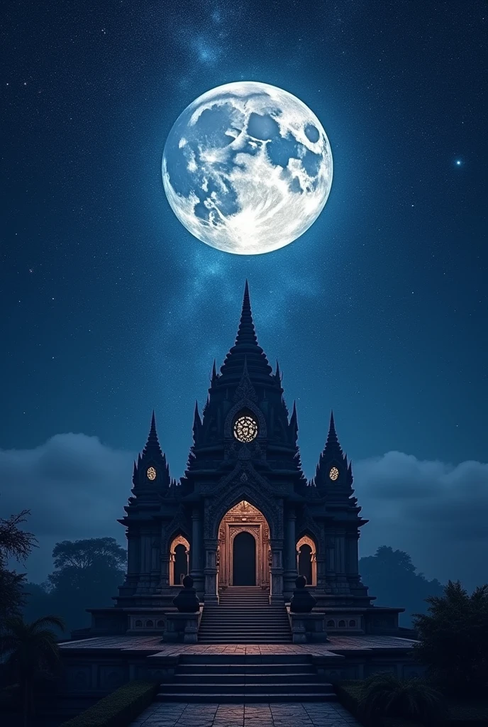 The full moon, accompanied by a multitude of stars, shines above the temple.
