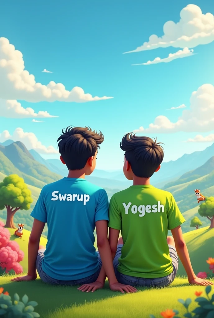 2 friends siting on the heel, car is front enjoying the view of story , one boy name "swarup" written on the shirt and another boy name "YOGESH" written on the t shirt 2d cartoon behind the cartoon best friend