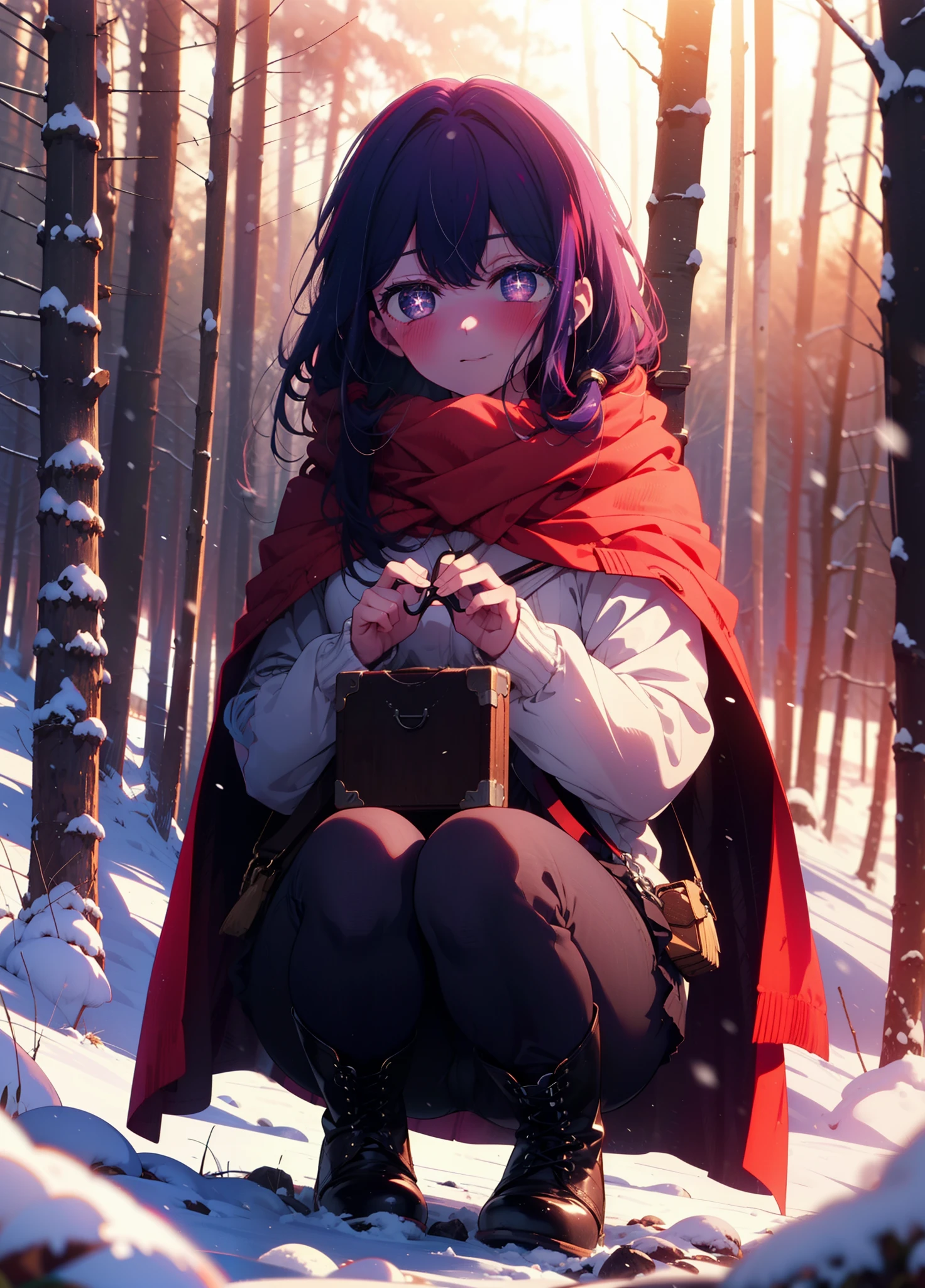 aihoshino, Ai Hoshino, Long Hair, bangs, (Purple eyes:1.1), Purple Hair, (Symbol-shaped pupil:1.5), smile,,smile,blush,white breath,
Open your mouth,snow,Ground bonfire, Outdoor, boots, snowing, From the side, wood, suitcase, Cape, Blurred, , forest, White handbag, nature, Squat, Mouth closed, Cape, winter, Written boundary depth, Black shoes, red Cape break looking at viewer, Upper Body, whole body, break Outdoor, forest, nature, break (masterpiece:1.2), Highest quality, High resolution, unity 8k wallpaper, (shape:0.8), (Beautiful and beautiful eyes:1.6), Highly detailed face, Perfect lighting, Extremely detailed CG, (Perfect hands, Perfect Anatomy),