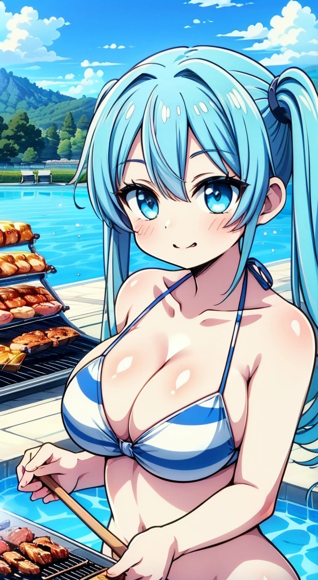 masterpiece, Highest quality, (anime screencap:1.3),(shape), cute,(Simple:1), (anime:1.2),Solo Sharp Focus, 1 girl, Cleavage,pool,(Browsing Caution:1.2),topless,NSFW,Pastel Bikini,Beautiful Hair,Horizontal stripes,(BBQで肉を焼いている),cute eyes,Shining Face,Large Breasts,Twin tail hair,