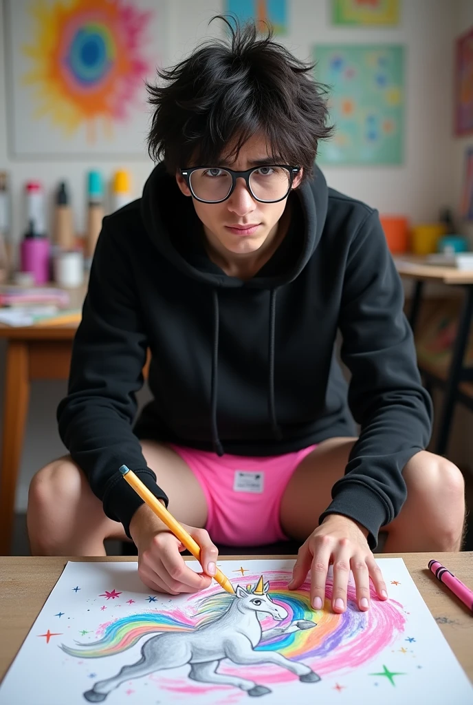 Picture of universitary guy sitting in the chair, with a visible diaper.... guy is angry. Guy is Drawing a cute draw on a sheet with crayons. Looking at the camera. The diaper is: thin side elastic and girly pink color, the middle part of the diaper is white with colorful unicorns and star prints. Guy has black hair. Guy has wearing a black hoodie, nerd glases.